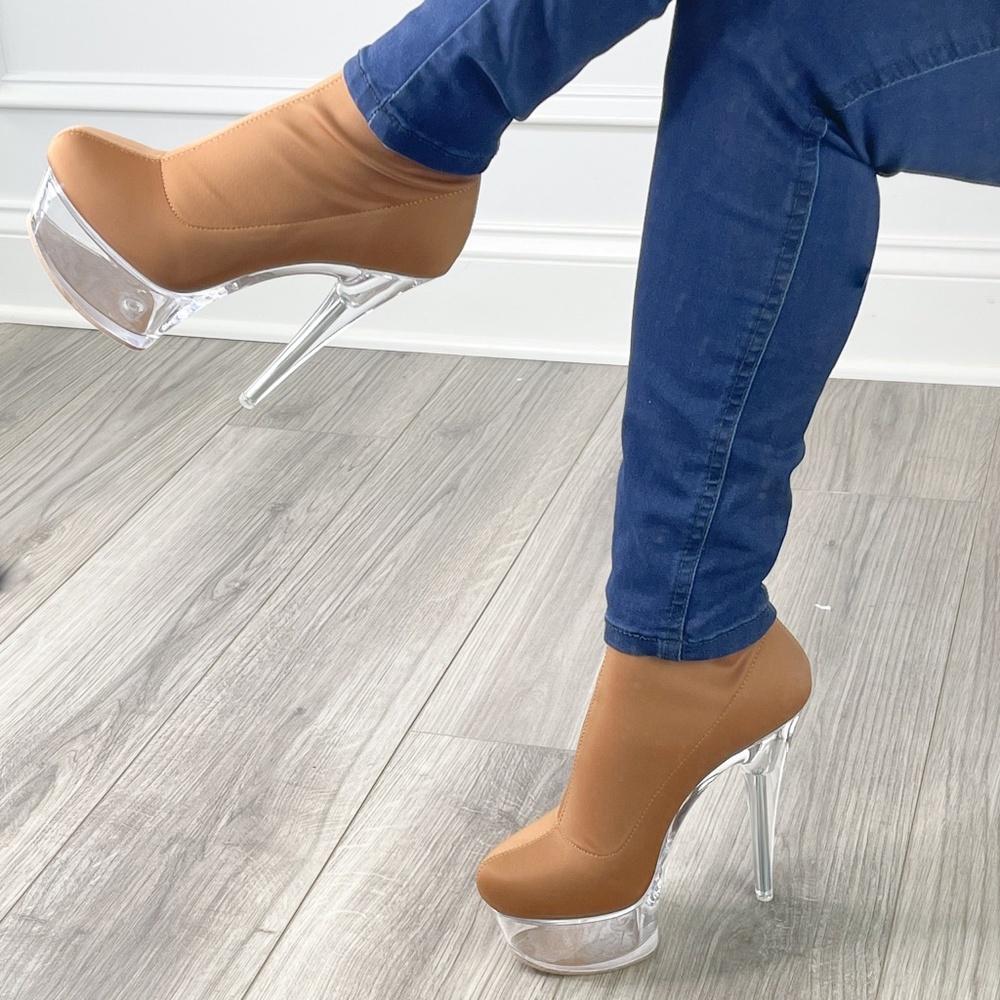 Tan ankle bootie heel perspex platform sole heel